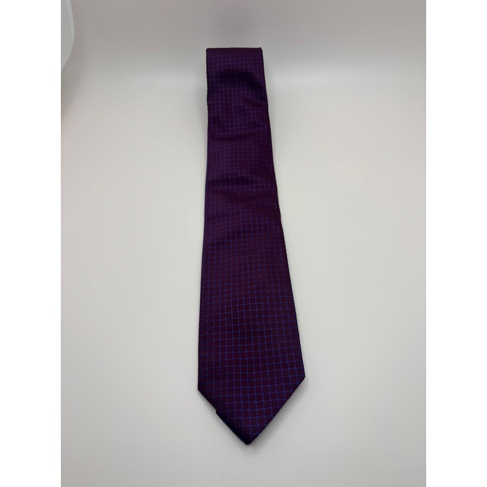 Hugo Boss Mens Silk Necktie Purple Blue Geometric Grid Pattern Formal Business